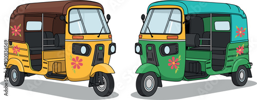Set of colorful auto rickshaws or CNG three-wheelers with floral patterns in flat style
