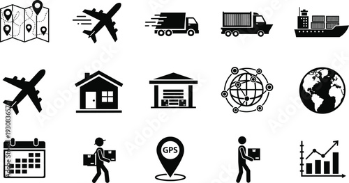 Black and white silhouette collection of logistics and transportation icons featuring planes, trucks, ships, warehouses, global delivery, and courier services.