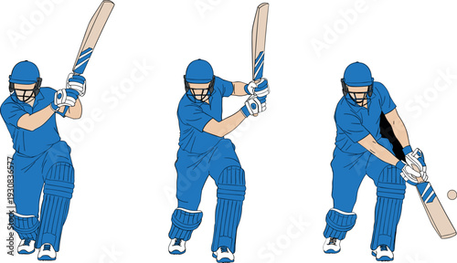 Set of cricket batsman in action performing batting strokes in flat vector style