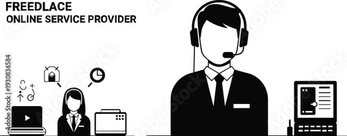 Freelance online service provider customer support concept with headset operator remote work digital assistance business silhouette illustration isolated background