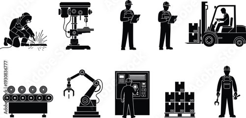 Black and white silhouette collection of industrial factory workers including welders, forklift operators, mechanics, and automated robotic arms isolated vector.