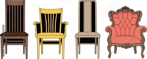 Set of diverse chair designs including classic wooden dining chairs and a vintage armchair
