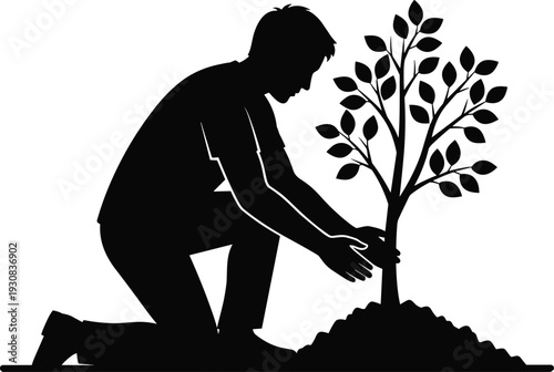 Man planting tree environmental conservation concept silhouette illustration representing sustainability ecology nature protection reforestation activity isolated on white background
