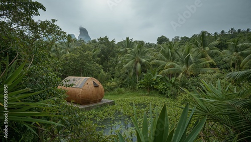 Exploring a Remote Area With a Hut Surrounded by Trees and a Pond in the Jung...