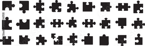 Set of black jigsaw puzzle pieces connection solution