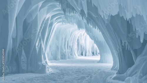 Eerie Ice Cave Showing Tall Icy Formations in a Winter Landscape Under Soft L...