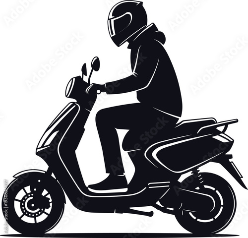 Motorcycle rider driving scooter wearing helmet urban transportation delivery commuting lifestyle silhouette illustration isolated on white background concept