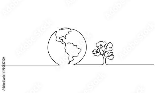 World environment earth globe with leaves continuous line drawn. 