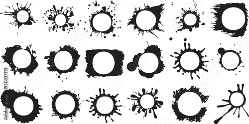 Black ink splatter frames and circular grunge elements for design