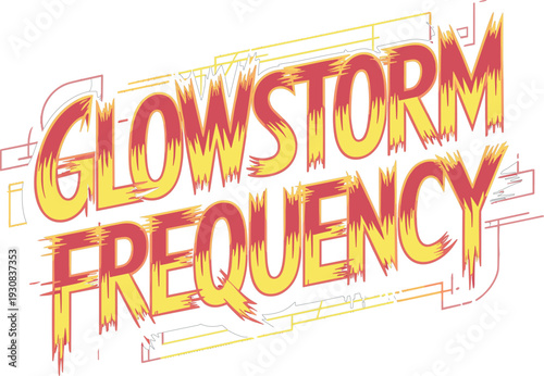 Glowstorm frequency typographic art featuring jagged yellow and red flaming font with geometric line frames