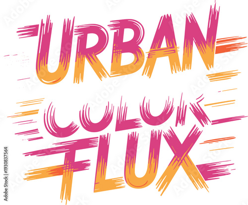 Urban color flux modern brush stroke text, vibrant pink orange white lettering with dynamic lines