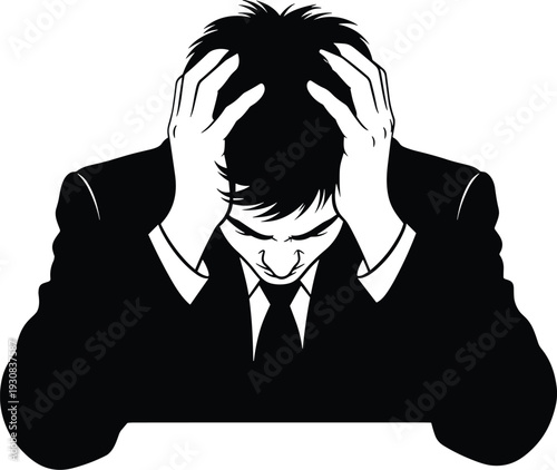 Stressed businessman holding head with anxiety depression mental pressure burnout crisis concept silhouette illustration isolated on white background
