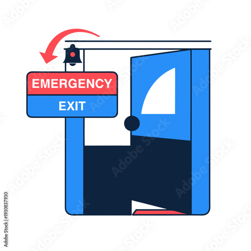 A blue emergency exit door with a red and blue sign