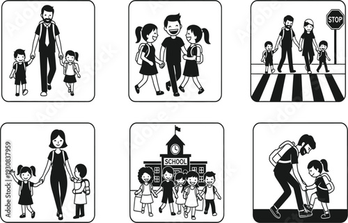 School Journey: A collection of simple illustrations depicts the journey of children and their guardians, emphasizing safety and togetherness, particularly on their way to school. 