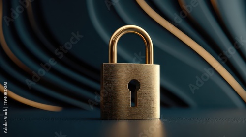 Gold padlock on dark surface with flowing cables creating secure contrast