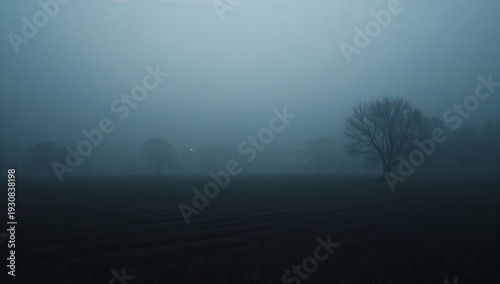 Fog Covers a Field With Trees in the Evening