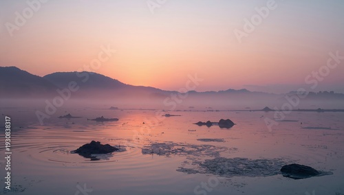 Sunrise Over a Calm Lake With Mist and Distant Hills in the Early Morning