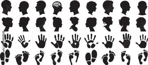 Collage of black silhouette human profile heads, hands, and footprints on grey background