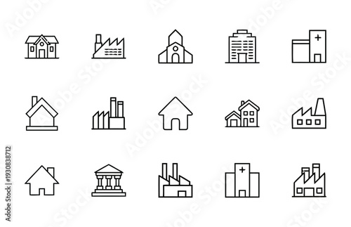 Collection of building icons, including houses, factories, and hospital, for architectural and city planning