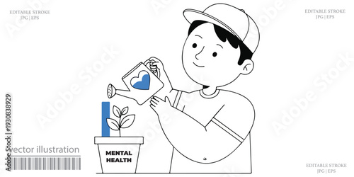 Child caring for potted plant mental health wellbeing vector illustration