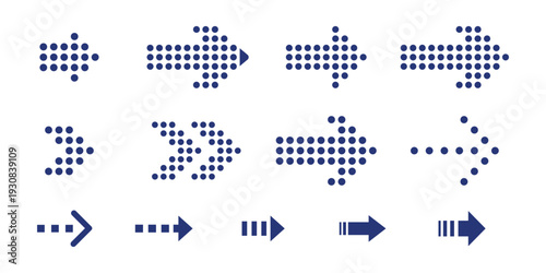Collection of blue dotted and striped arrow icons direction isolated on transparent background