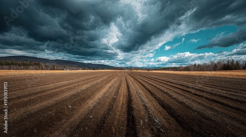 Stormy Sky Over Expansive Plowed Field with Deep Furrows and Distant Trees