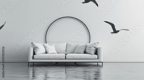 Minimalist interior with sofa and decorative ring with flying birds