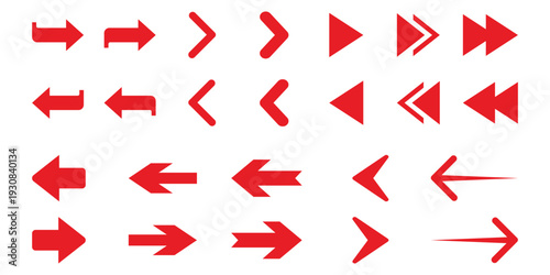 Collection of red arrow icons direction isolated on transparent background