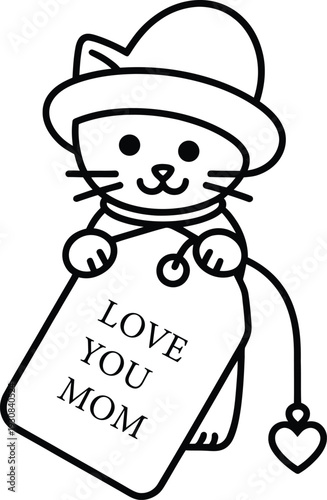Cute Baby Cat Holding Love You Mom Gift Tag Line Art Vector
