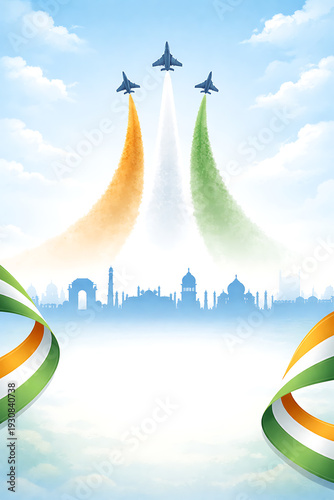 Indian air force jets fly over a silhouetted cityscape on independence day