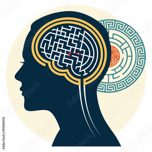 Overthinking concept with maze and tangled lines inside human head silhouette