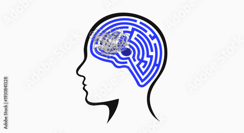 Overthinking concept with maze and tangled lines inside human head silhouette