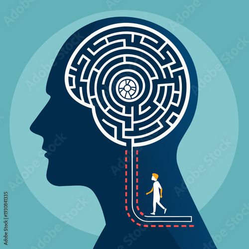 Overthinking concept with maze and tangled lines inside human head silhouette