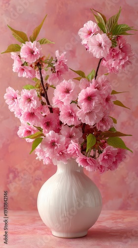 Wallpaper Mural Soft pink cherry blossom bouquet in a white vase against a pink backdrop Torontodigital.ca