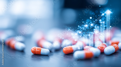 Medicine capsules with a rising chart overlay, representing pharmaceutical market growth and healthcare investment concept.
