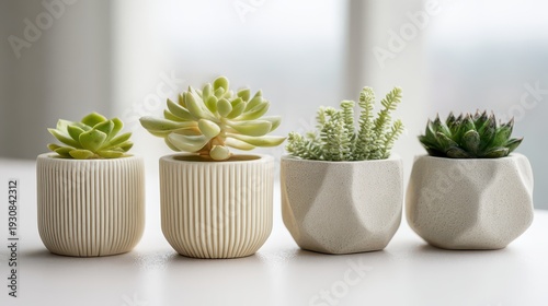Wallpaper Mural Four Minimalist Succulent Pots Arranged in a Bright Windowsill Display Torontodigital.ca