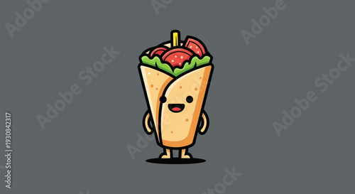 Cartoon-style food illustration of a smiling wrap with meat, lettuce, and stick