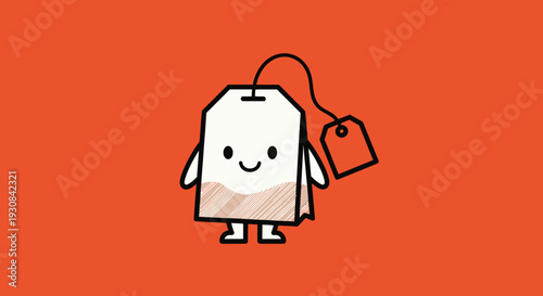 A cartoon teabag character with a smiling face and arms, on an orange background