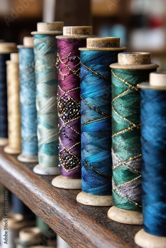 Wallpaper Mural Colorful Spools of Thread on Wooden Shelf for Sewing and Crafting Torontodigital.ca