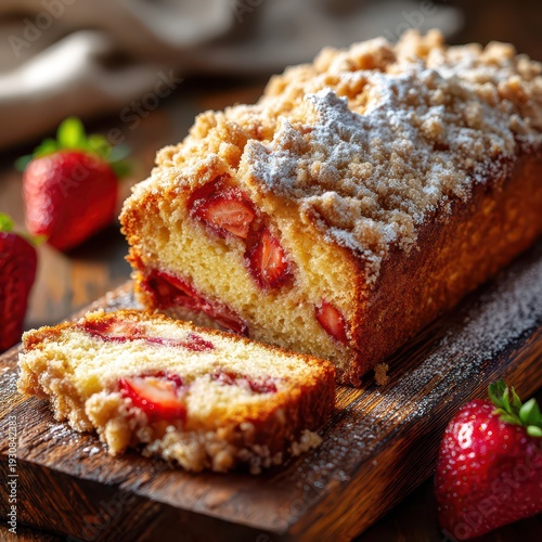 Wallpaper Mural Strawberry pound cake loaf with powdered sugar on rustic wooden board Torontodigital.ca