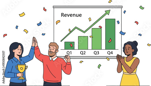 Happy business team celebrates significant revenue growth and financial.