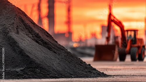 Massive coal mound at sunset with heavy excavator in operation