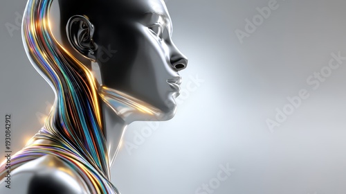 Wallpaper Mural Futuristic metallic head sculpture with rainbow light strands illustrating artificial intelligence Torontodigital.ca