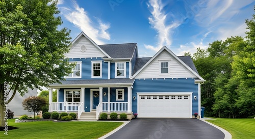 blue and white two-story house with driveway and green lawn