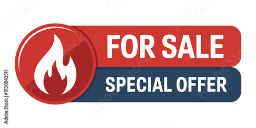 Red and blue special offer for sale sign with flame icon on white background