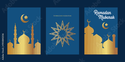 Ramadan Mubarak greeting cards with mosque silhouettes and star crescent moon  Islamic holiday celebration