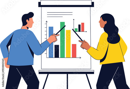 Two colleagues analyze bar graphs and charts on a whiteboard together.
