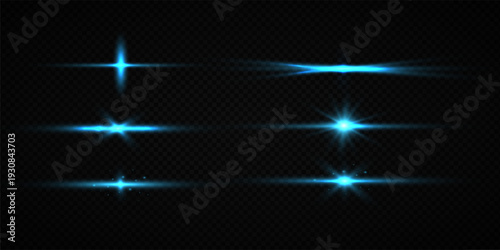 Colorful Star Light Effect Collection with Blue, Golden, and Yellow Glowing Starlight Sparkle Rays and Lens Flare Illumination on Transparent Background