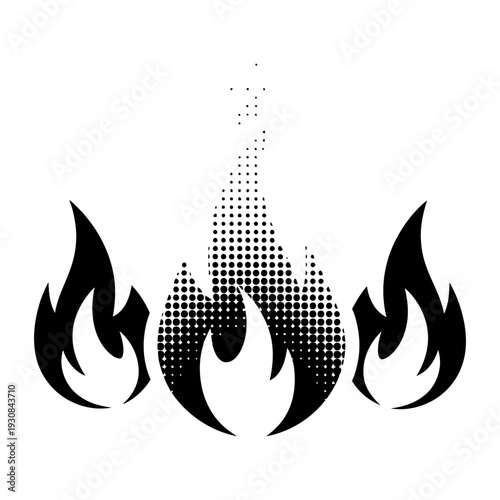 Fire Flames Icon Set Burning with Halftone Effect Graphic Design Element Black and White Vector Illustration