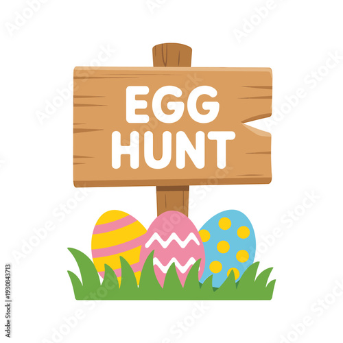 Easter egg hunt sign with colorful eggs and grass